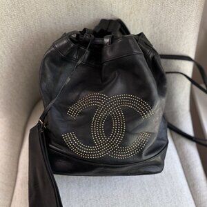 Authentic CHANEL RARE runway black studded lambskin backpack with pouch STAR